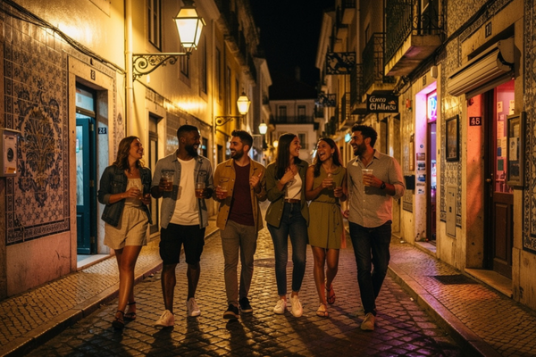 Rua iluminada do Bairro Alto em Lisboa à noite com pessoas em bares e arquitetura tradicional de azulejos.