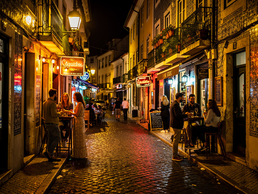 Rua iluminada do Bairro Alto em Lisboa à noite com pessoas em bares e arquitetura tradicional de azulejos.